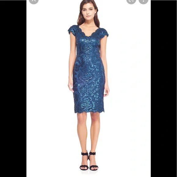 Tadashi Shoji | Dresses | Tadashi Shoji Paillette Embroidery Lace Vneck  Cape Sleeve Formal Cocktail Dress | Poshmark
